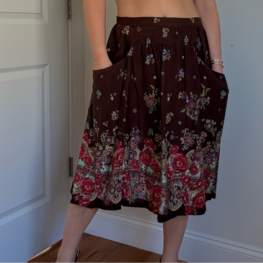 Zara Vintage Dark Brown Floral Midi Skirt
